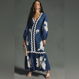 FARM Rio Blue and White Embellished Tiered Sundress